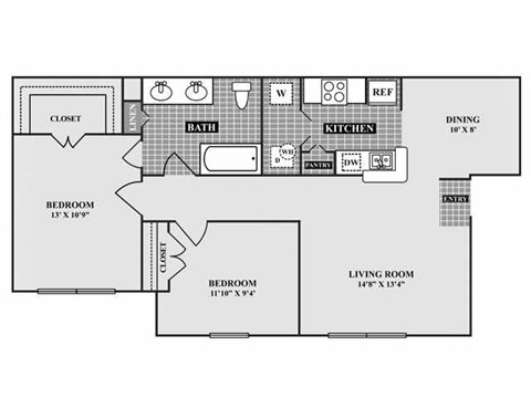 A floor plan of a house with a living room, two bedrooms, a bathroom, a kitchen, a dining room, and a closet.